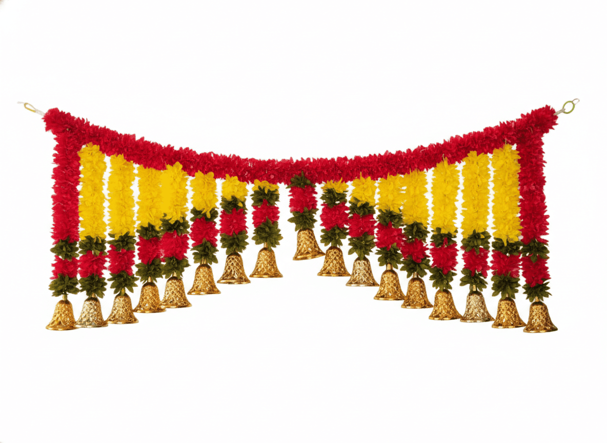 Handmade Artificial Flower Toran Bandhanwar with Golden Bells, Traditional Door Hanging for Home Entrance, Diwali, Navratri, Ganesh Chaturthi, Wedding Mandap Decoration in Red, Yellow, and Green